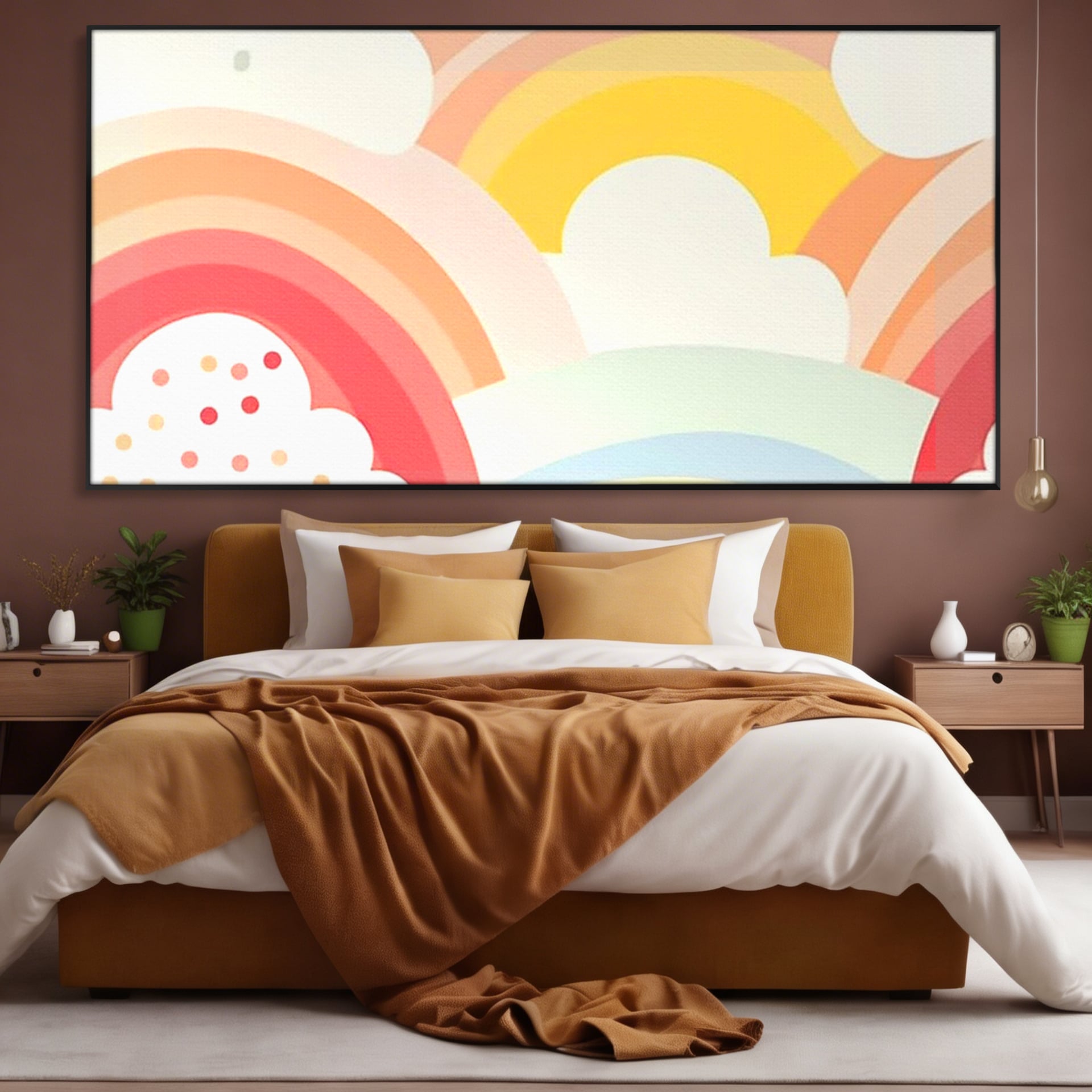 Tablou canvas cu ilustratie digitala cu curcubeu pastel si nori, in rama de aluminiu negru, pe perete intr-un dormitor